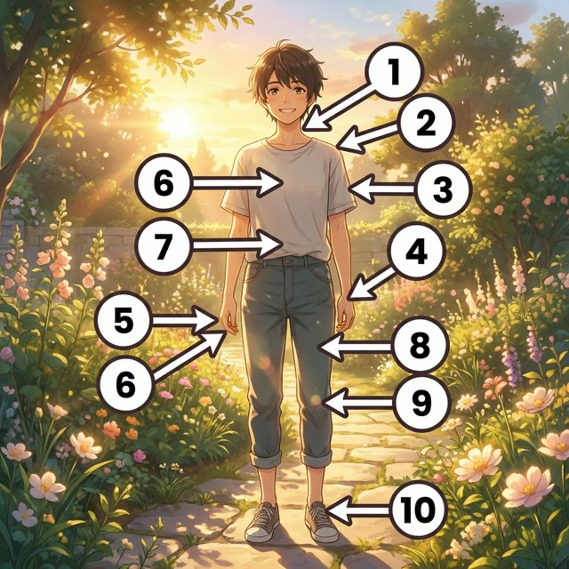 전신 일러스트 — 번호 1~10 라벨 매핑 (Modern Anime Style)