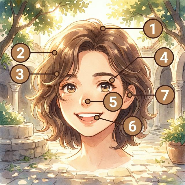 상반신/얼굴 일러스트 — 번호 1~7 라벨 매핑 (Modern Anime Style)