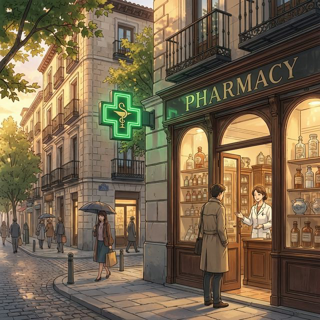 스페인 약국의 초록 십자가와 상담 장면 (Modern Anime Style)