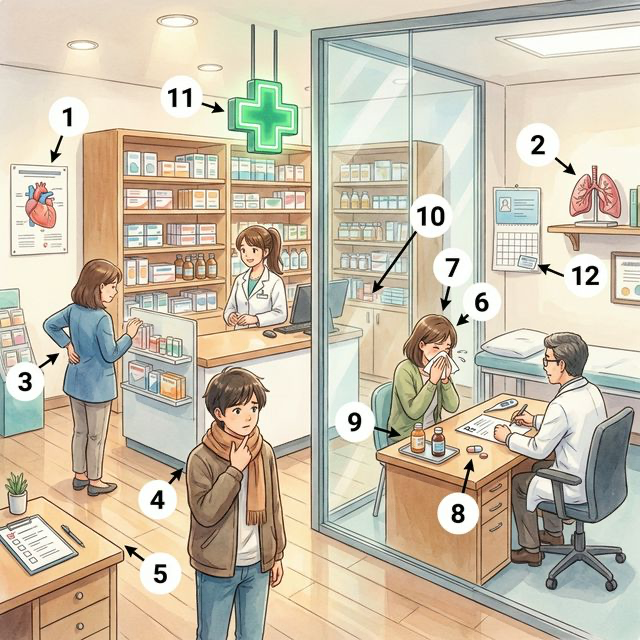 건강 관련 일러스트 — 병원, 약국, 증상 표현 (Modern Anime Style)