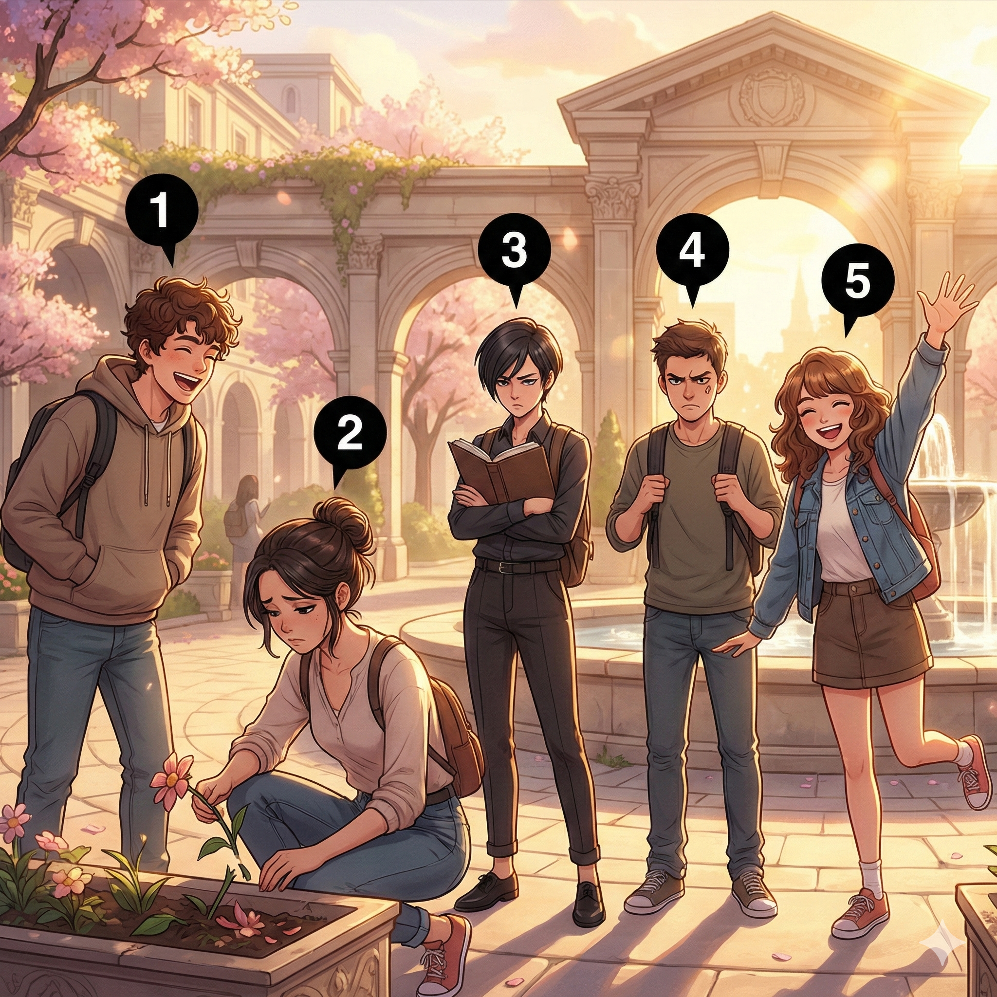 성격 일러스트 — 번호 1~5 라벨 매핑 (Modern Anime Style)