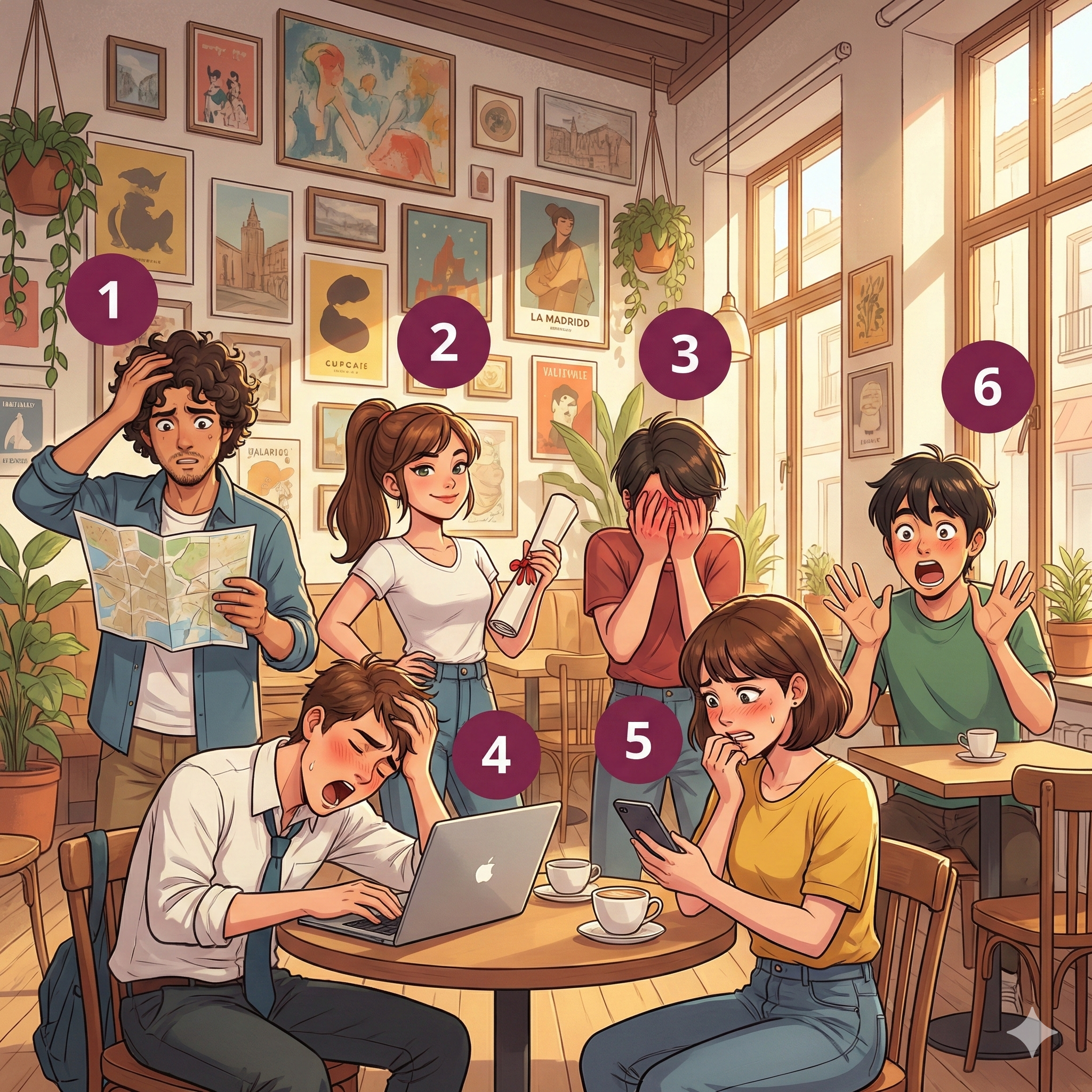 감정 표현 1 일러스트 — 번호 1~6 라벨 매핑 (Modern Anime Style)