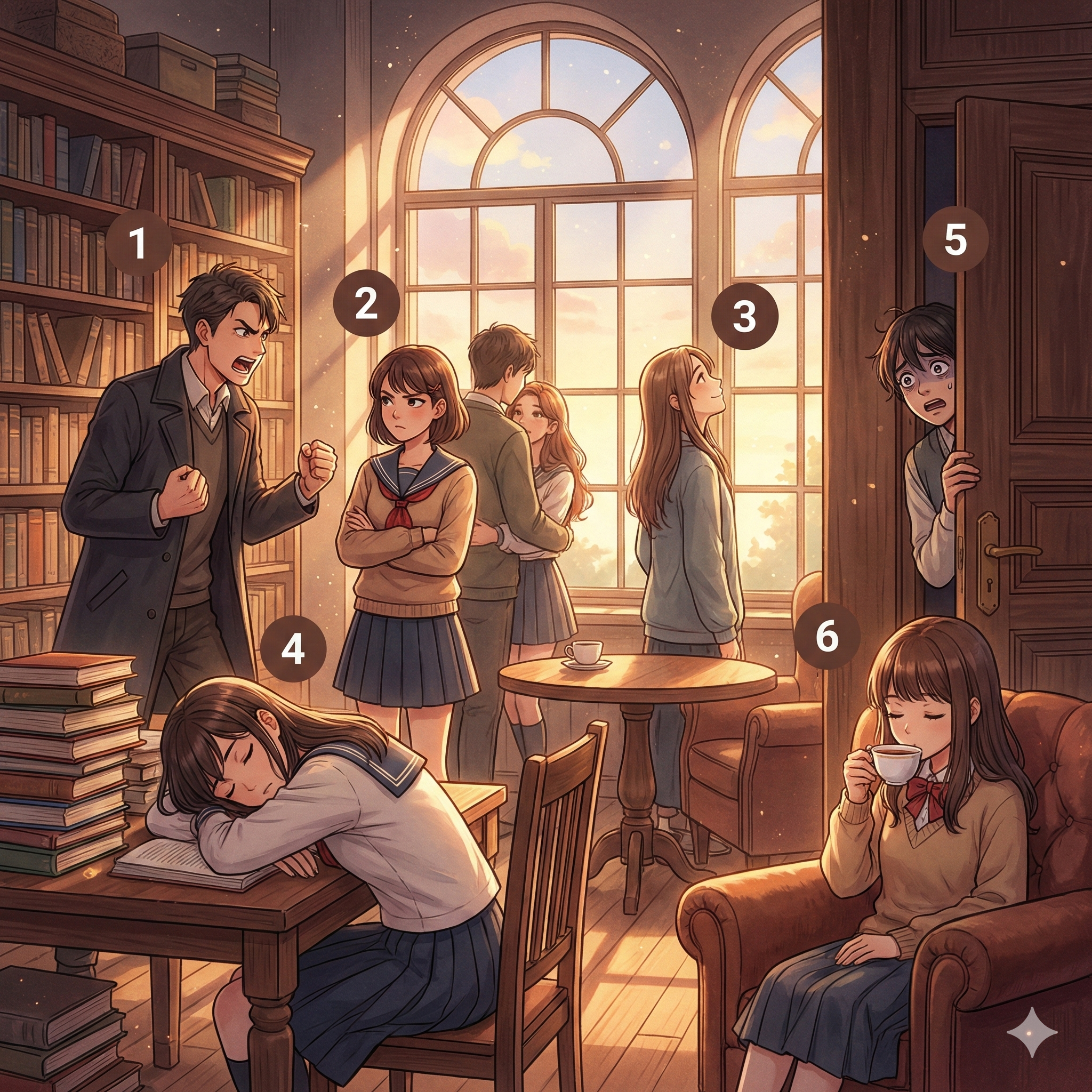 감정 표현 2 일러스트 — 번호 1~6 라벨 매핑 (Modern Anime Style)