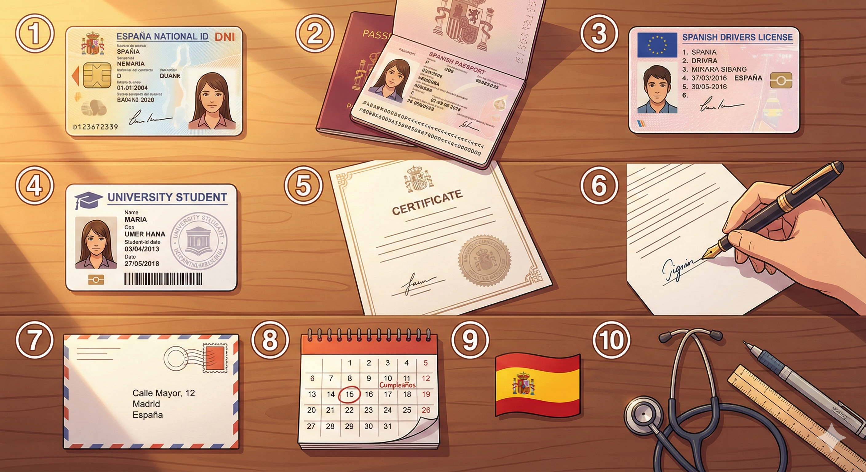 Mi Identidad — 번호 ①~⑩ 라벨 매핑 (Modern Anime Style)