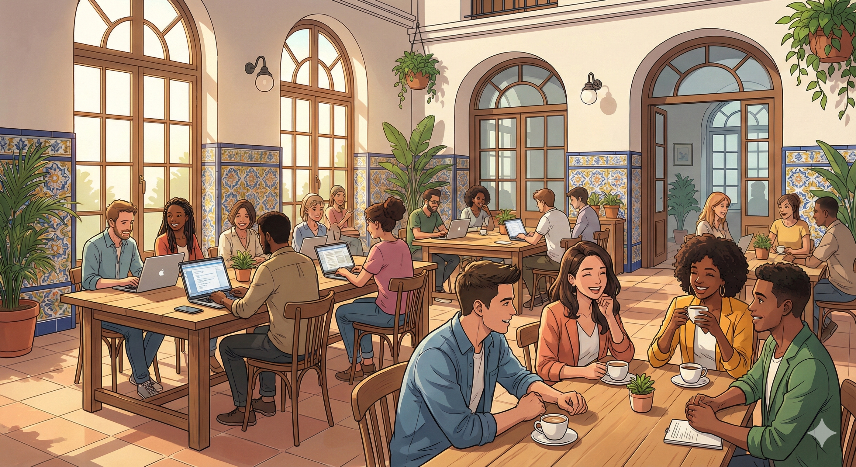 스페인 다문화 코워킹 공간에서 함께 일하는 다양한 국적의 사람들