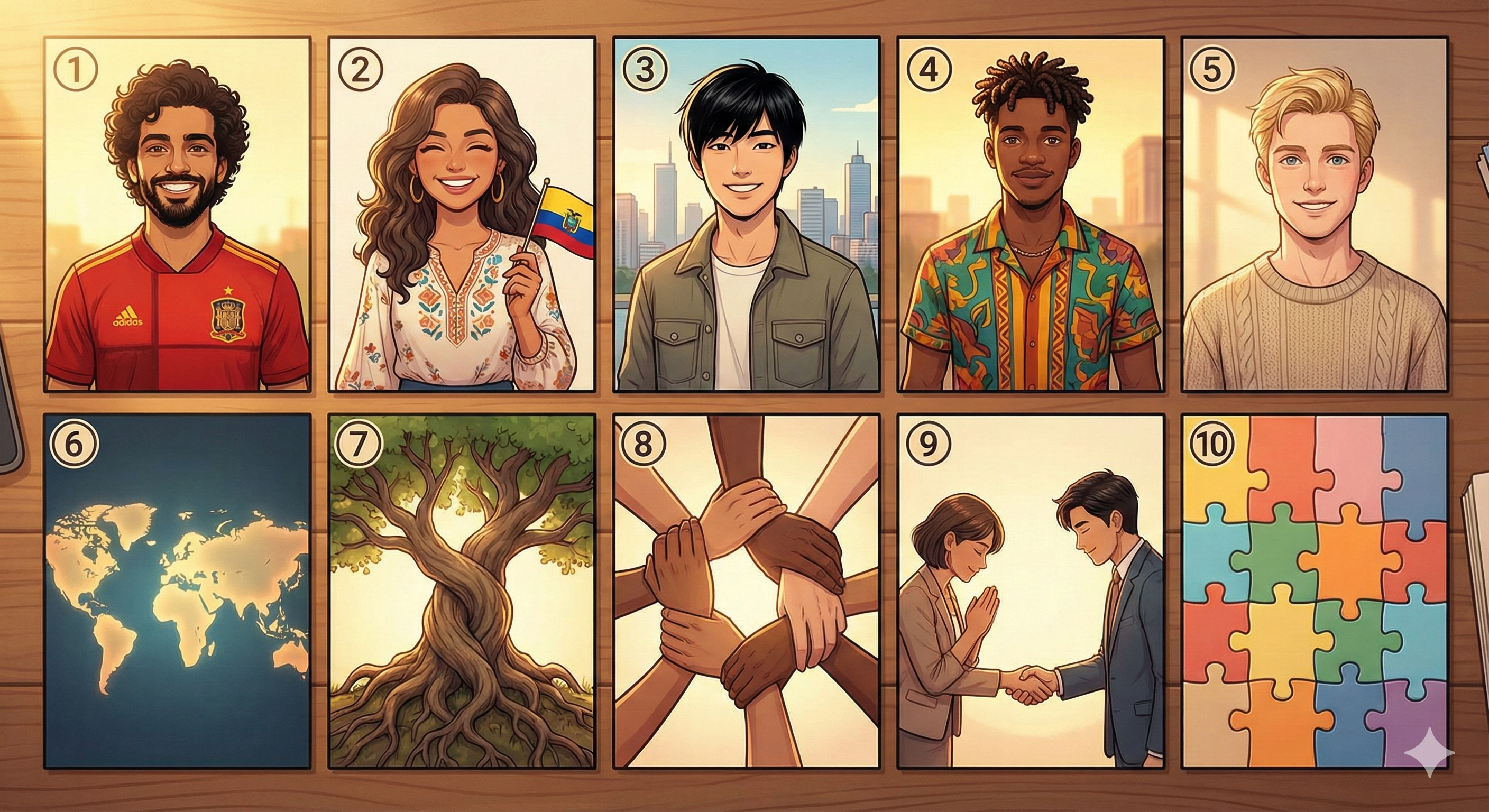 Barrio Multicultural — 번호 ①~⑩ 라벨 매핑 (Modern Anime Style)