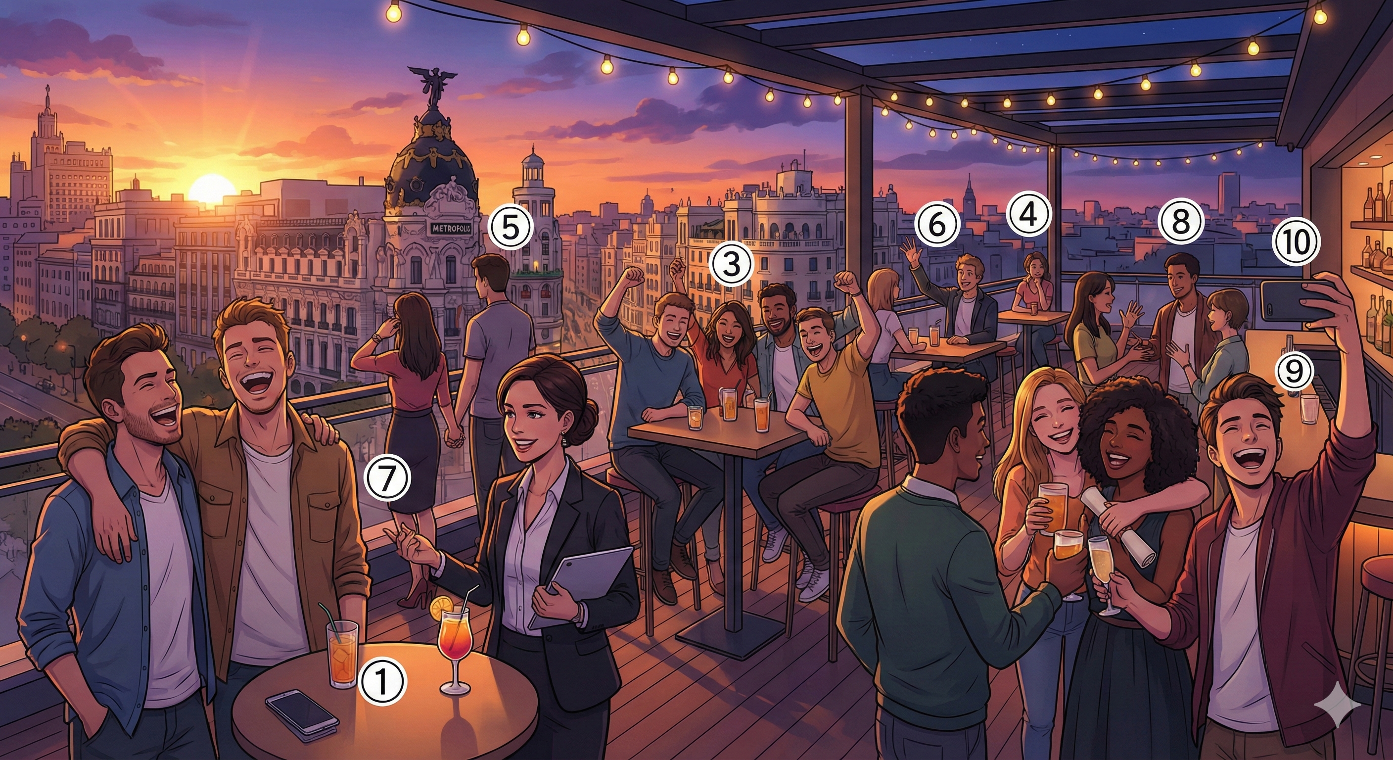 Amigos y Sociedad — 번호 ①~⑩ 라벨 매핑 (Modern Anime Style)