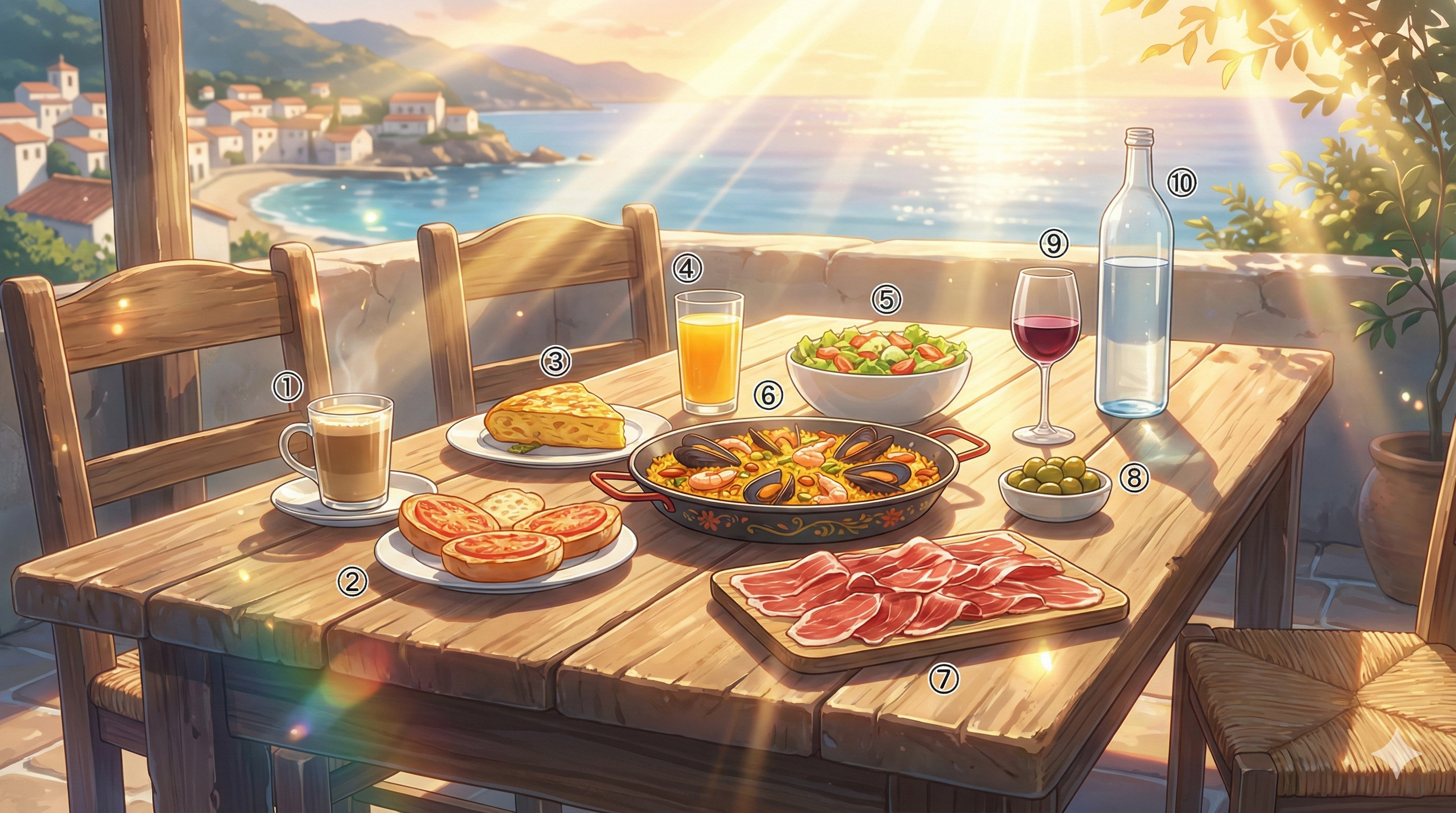 Comida y Bebida — 번호 ①~⑩ 라벨 매핑 (Modern Anime Style)