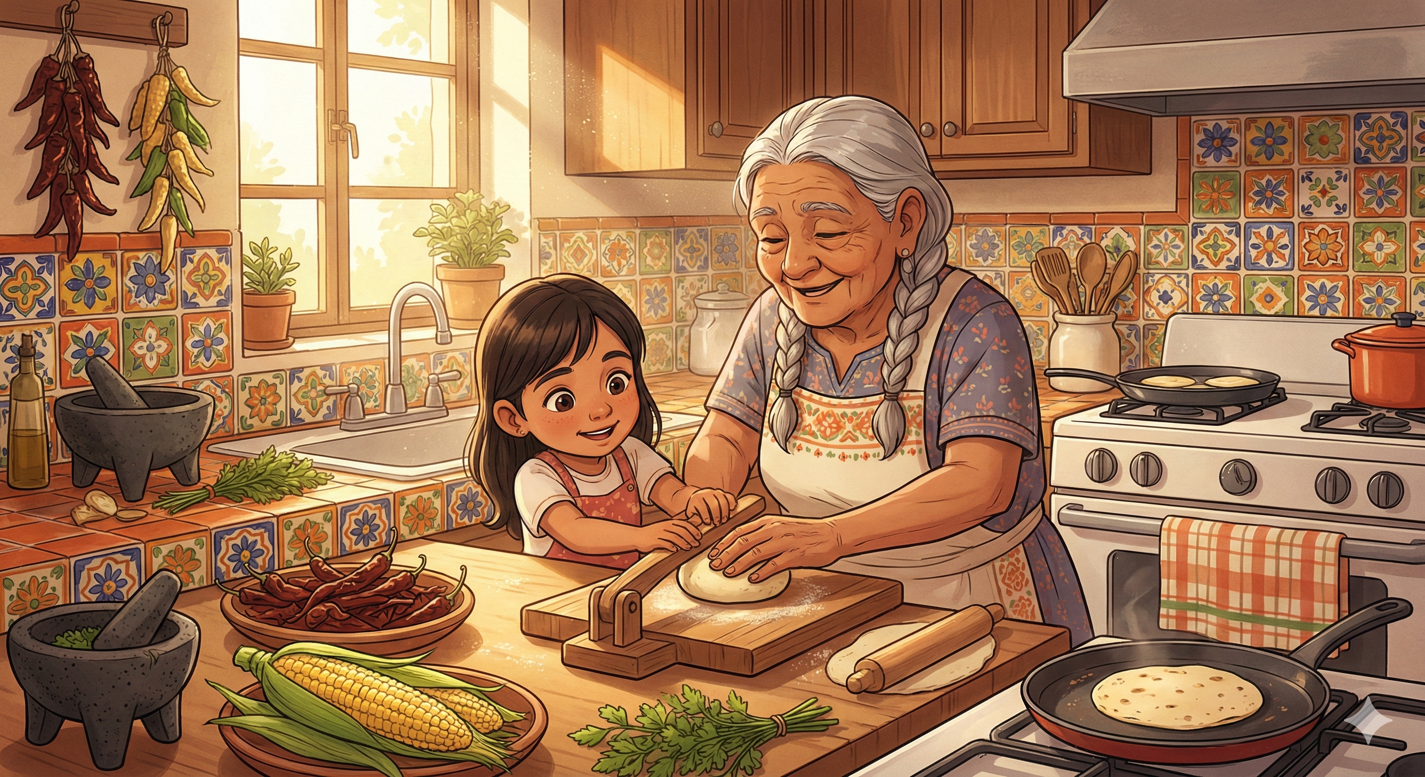 멕시코 전통 주방에서 할머니의 레시피를 전수받는 손녀