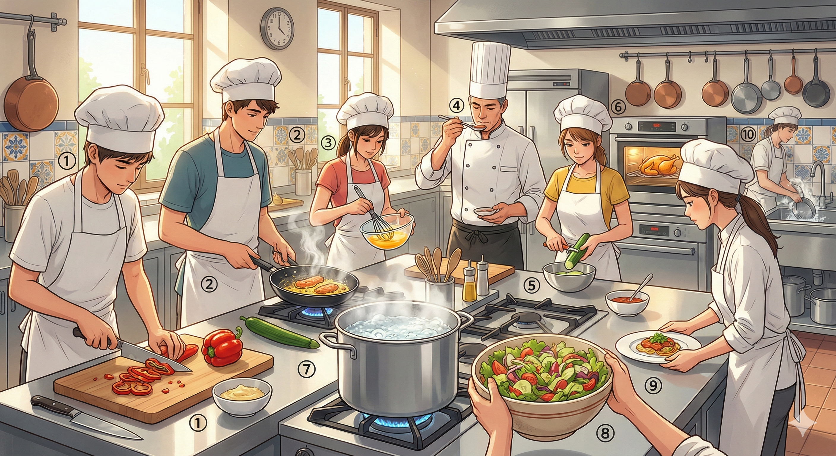 En la Cocina — 번호 ①~⑩ 라벨 매핑 (Modern Anime Style)