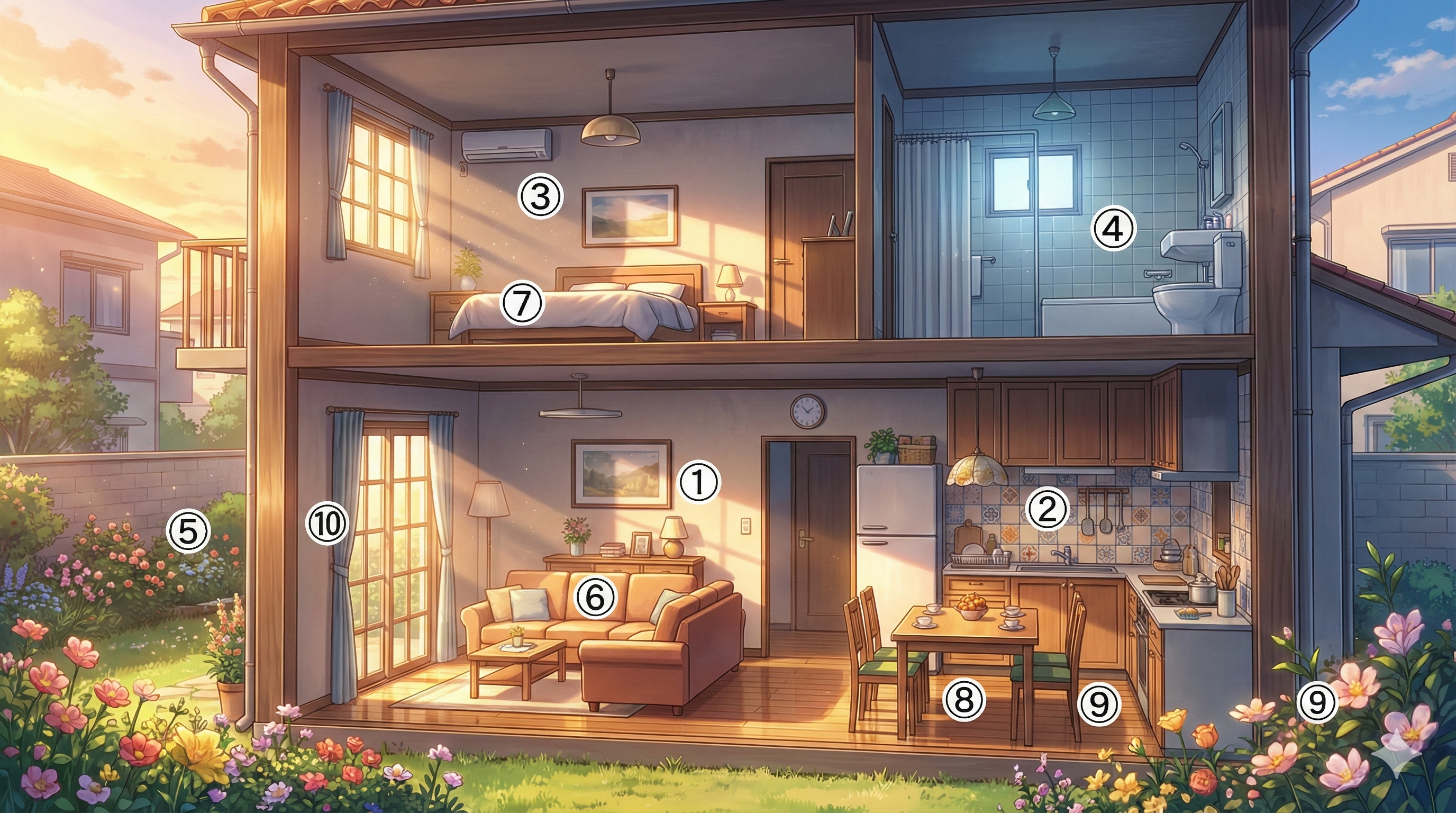 Mi Casa — 번호 ①~⑩ 라벨 매핑 (Modern Anime Style)