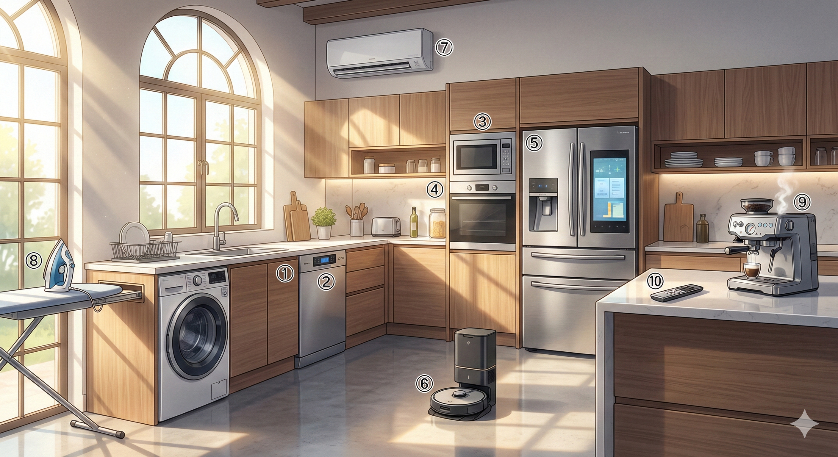 Electrodomésticos — 번호 ①~⑩ 라벨 매핑 (Modern Anime Style)