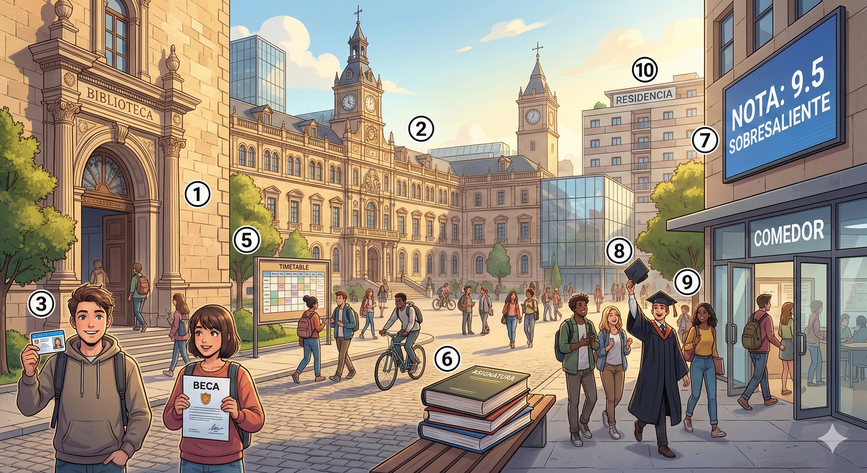 Vida Universitaria — 번호 ①~⑩ 라벨 매핑 (Modern Anime Style)