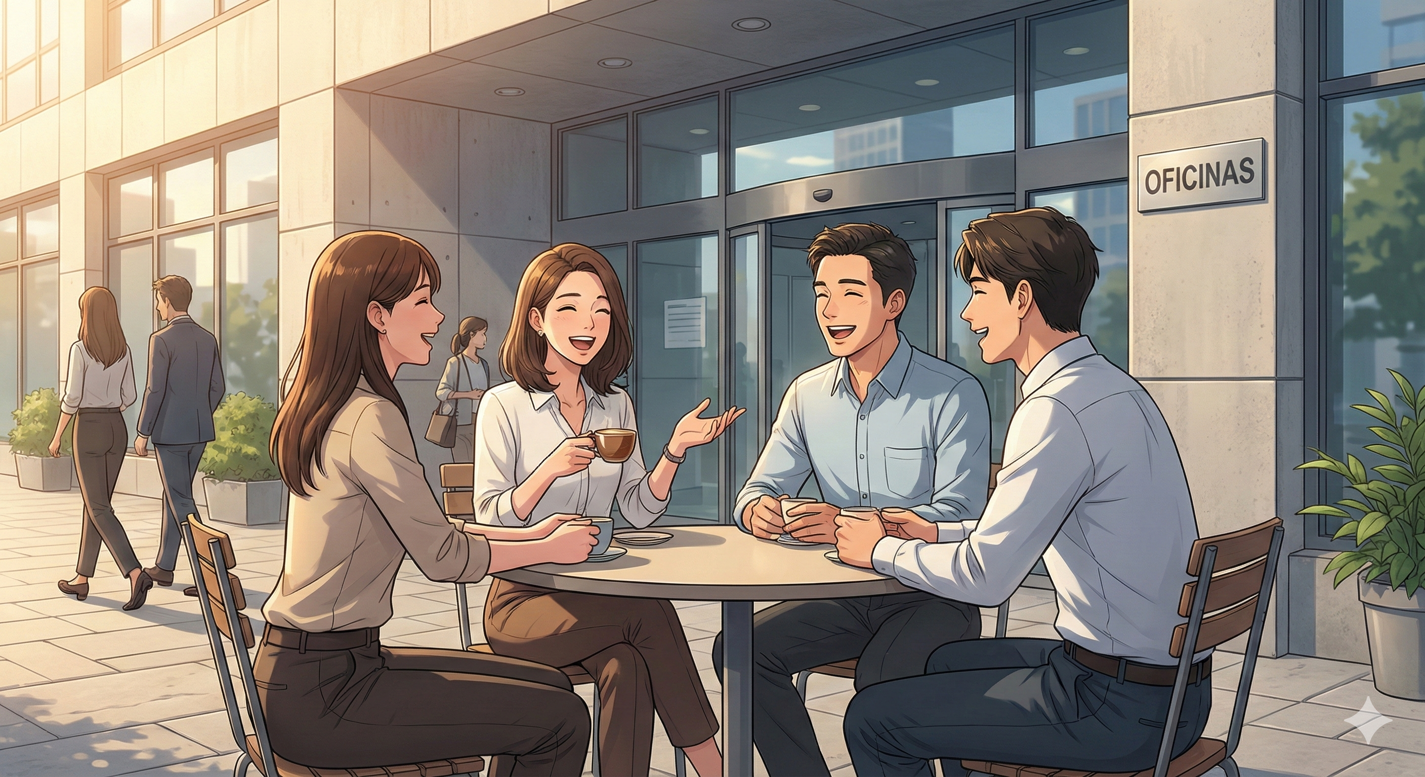 스페인의 현대적인 사무실 풍경 — 점심시간 후의 여유