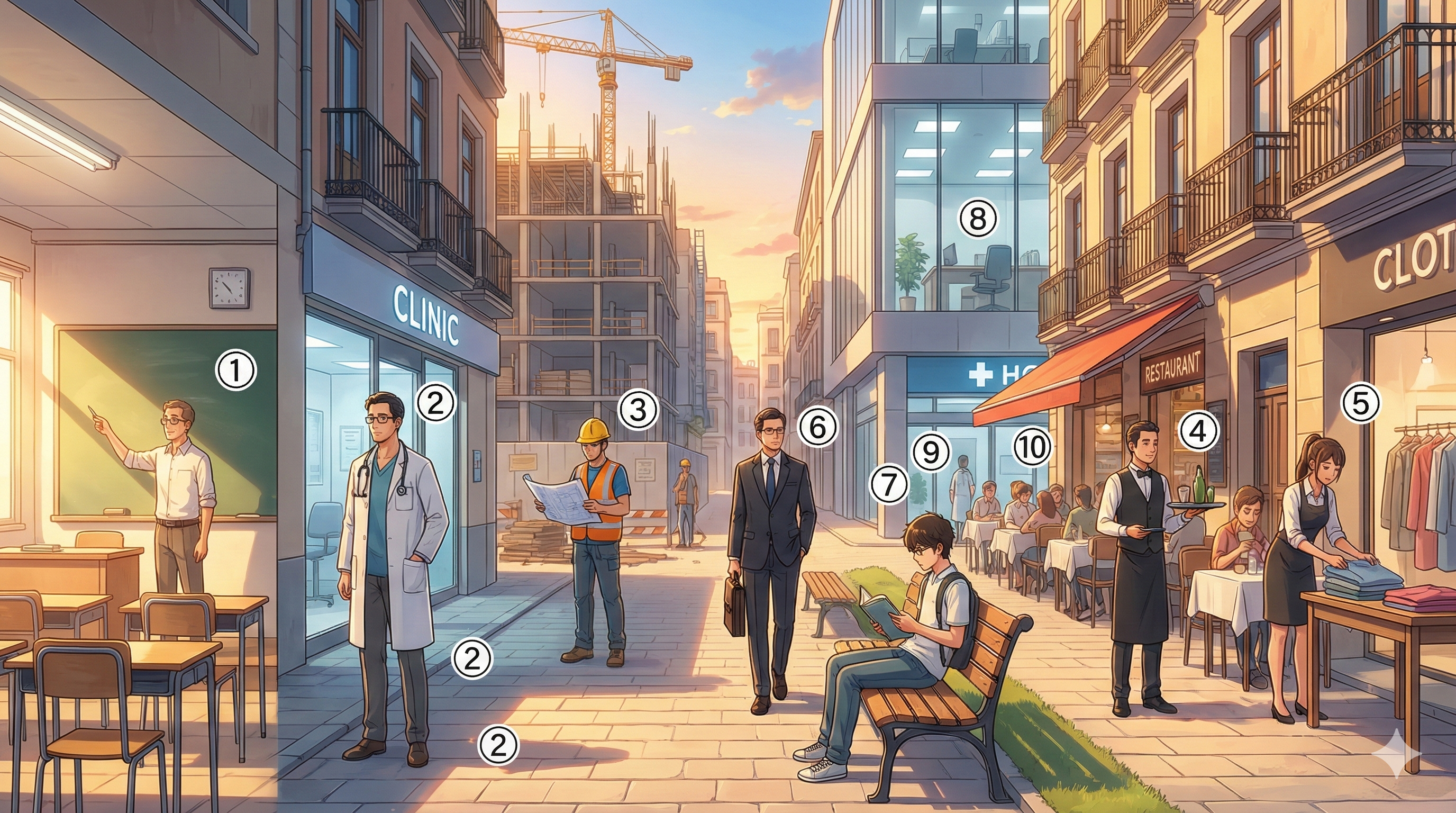 Profesiones — 번호 ①~⑩ 라벨 매핑 (Modern Anime Style)