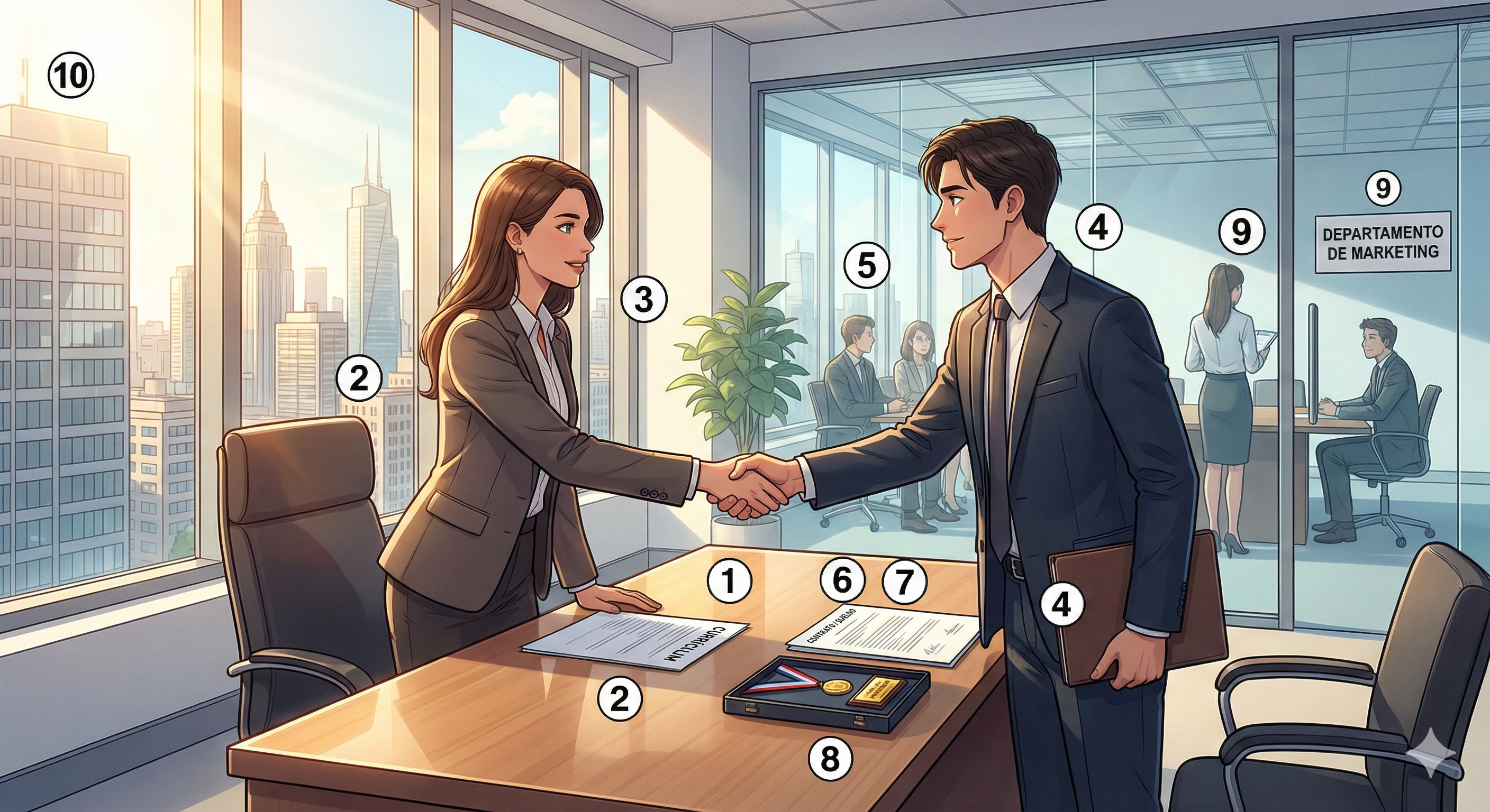 Entrevista de Trabajo — 번호 ①~⑩ 라벨 매핑 (Modern Anime Style)