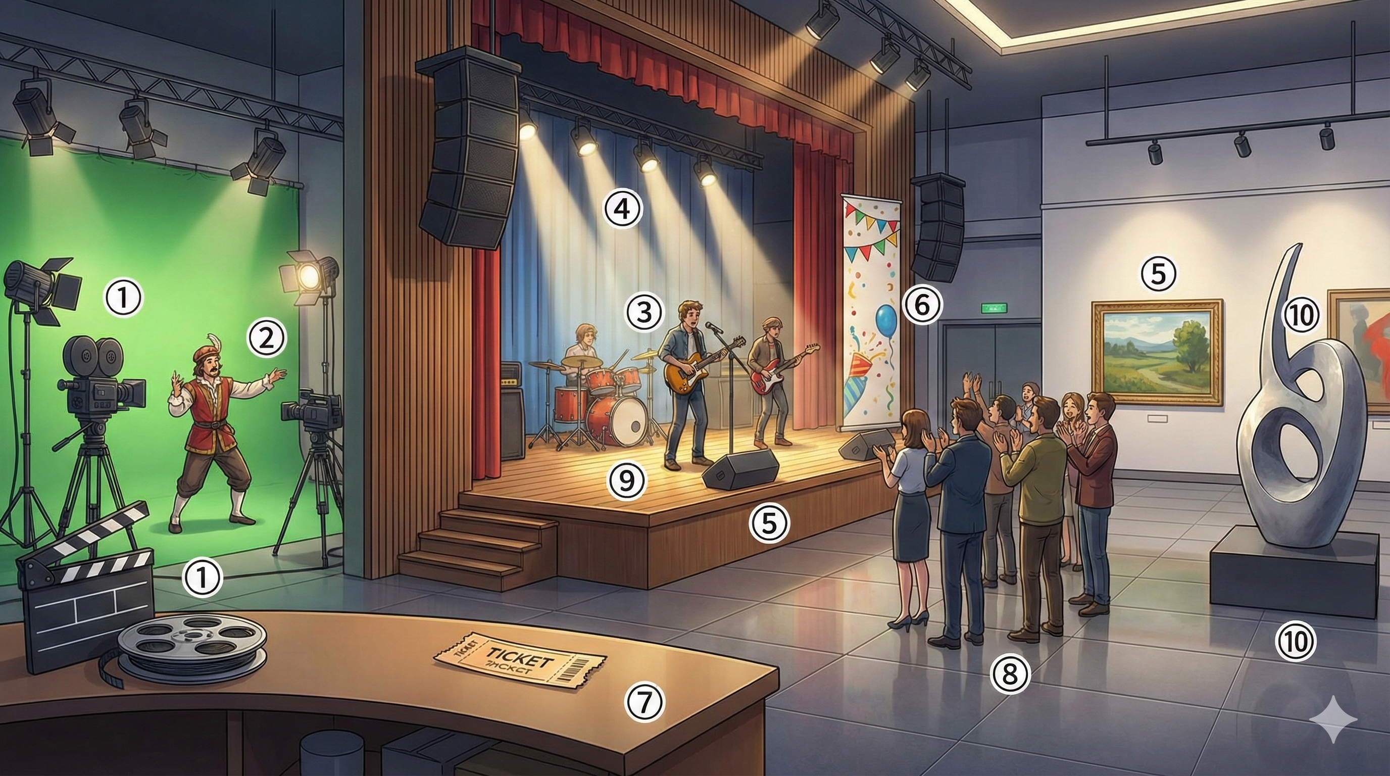 Cine y Arte — 번호 ①~⑩ 라벨 매핑 (Modern Anime Style)