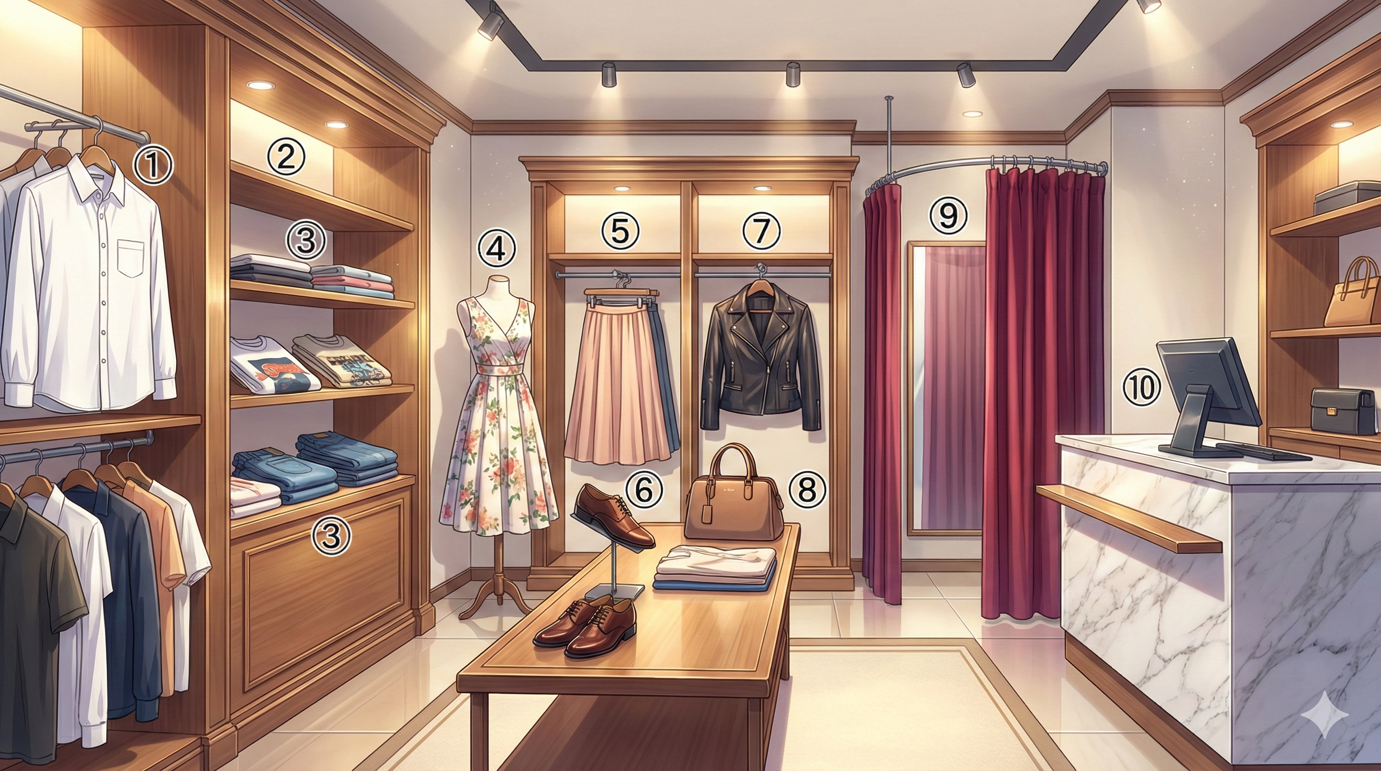 Shopping — 번호 ①~⑩ 라벨 매핑 (Modern Anime Style)