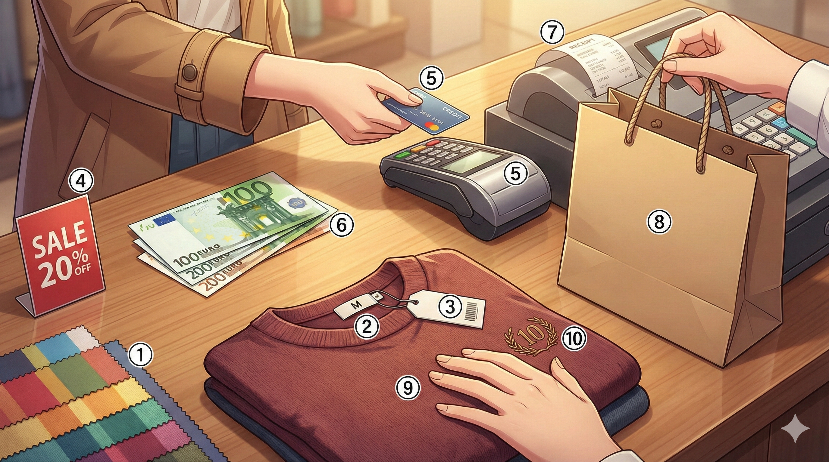 Boutique y Colores — 번호 ①~⑩ 라벨 매핑 (Modern Anime Style)