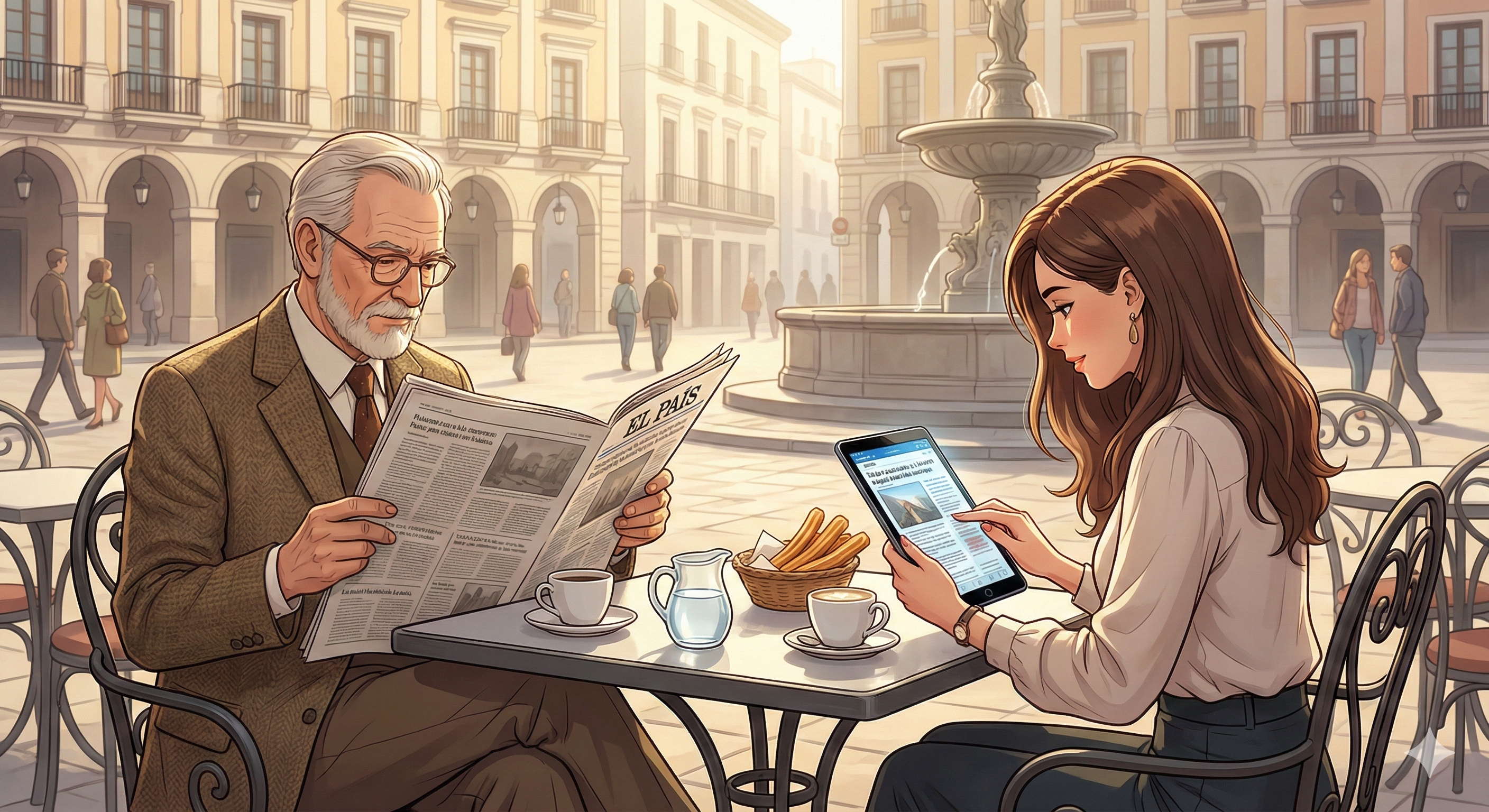 스페인 전통 방송국 뉴스룸과 스마트폰을 보는 가족의 모습