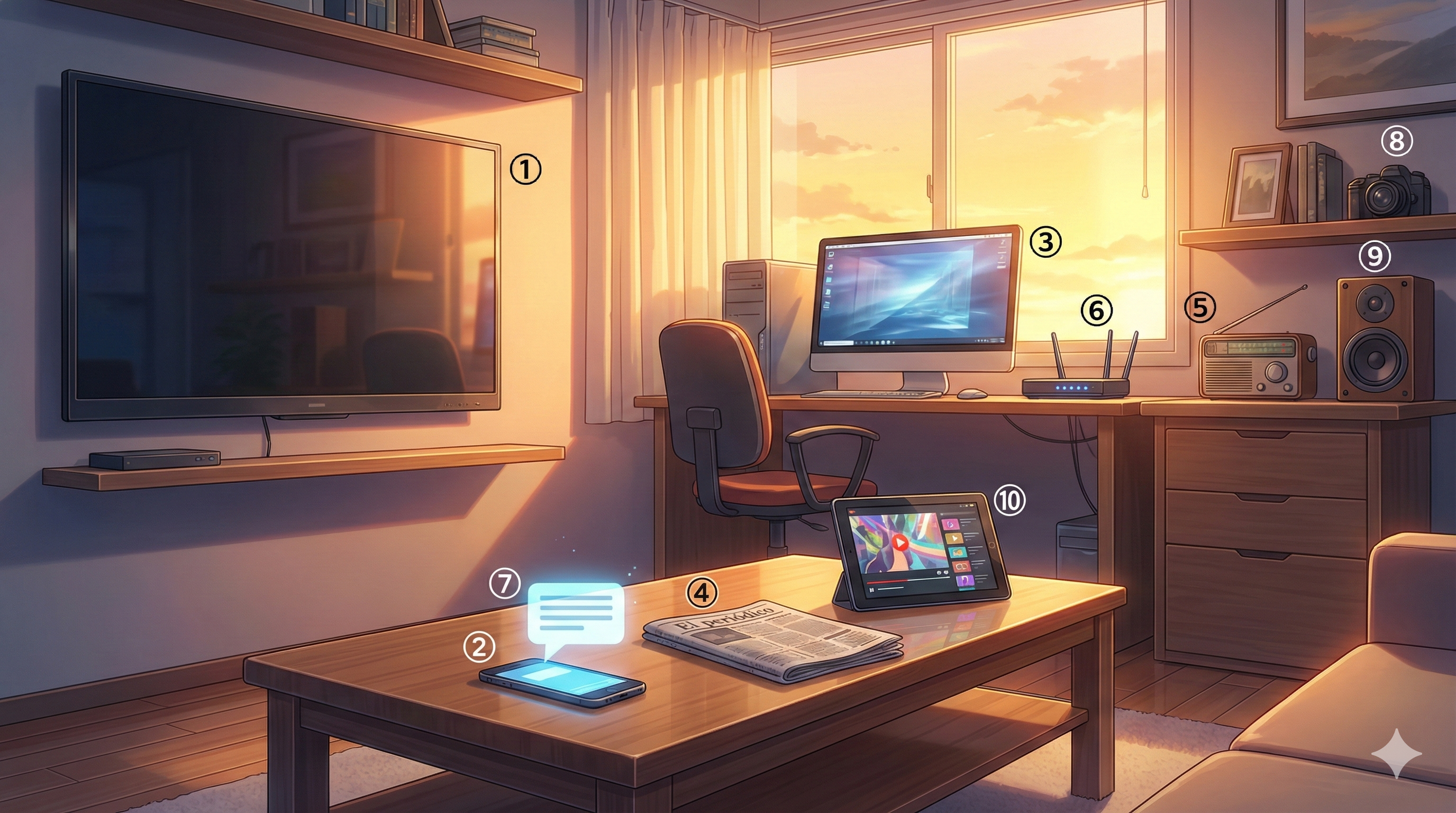 Medios — 번호 ①~⑩ 라벨 매핑 (Modern Anime Style)