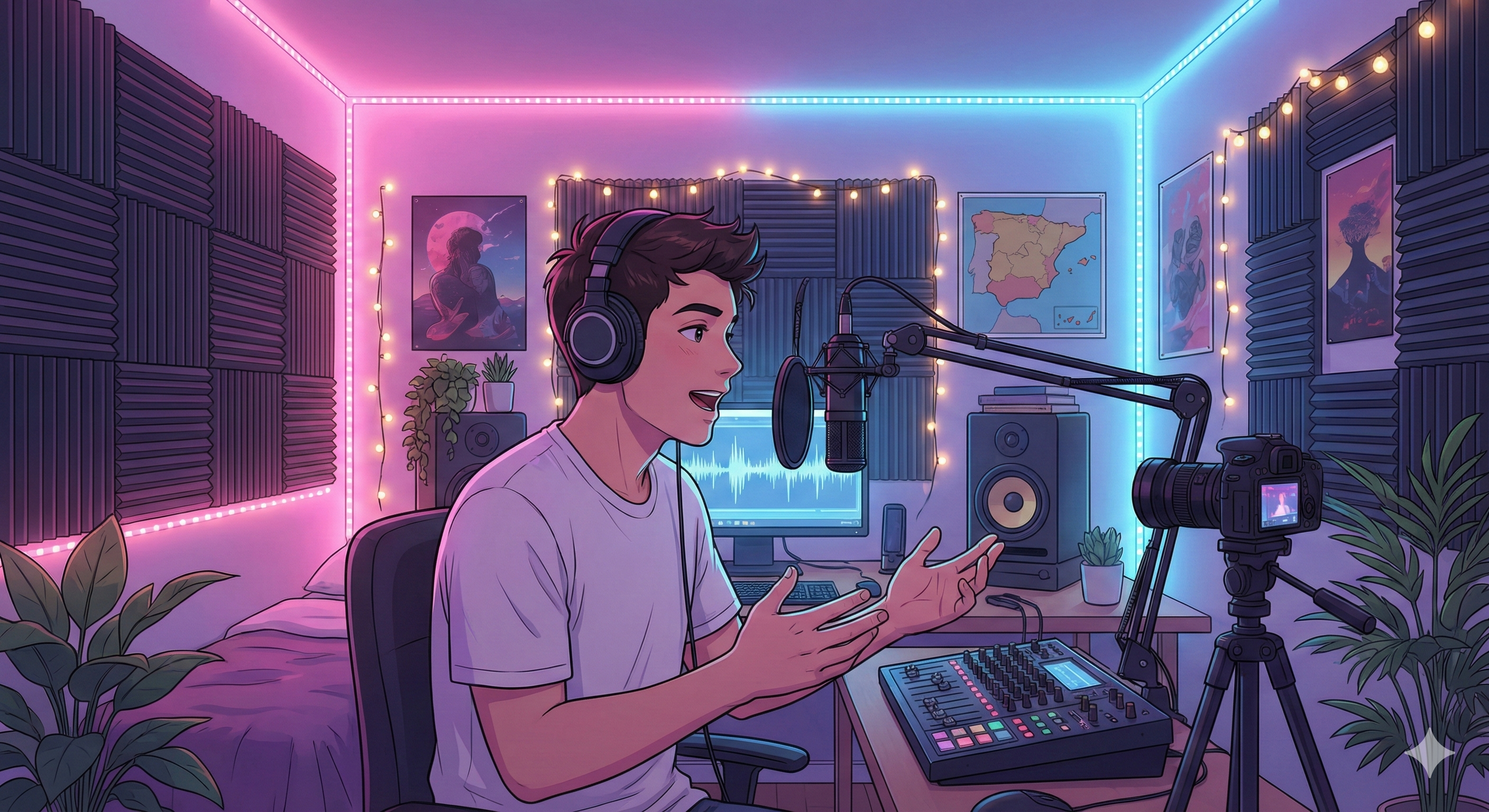 조명이 켜진 스페인의 현대적인 팟캐스트 스튜디오 풍경