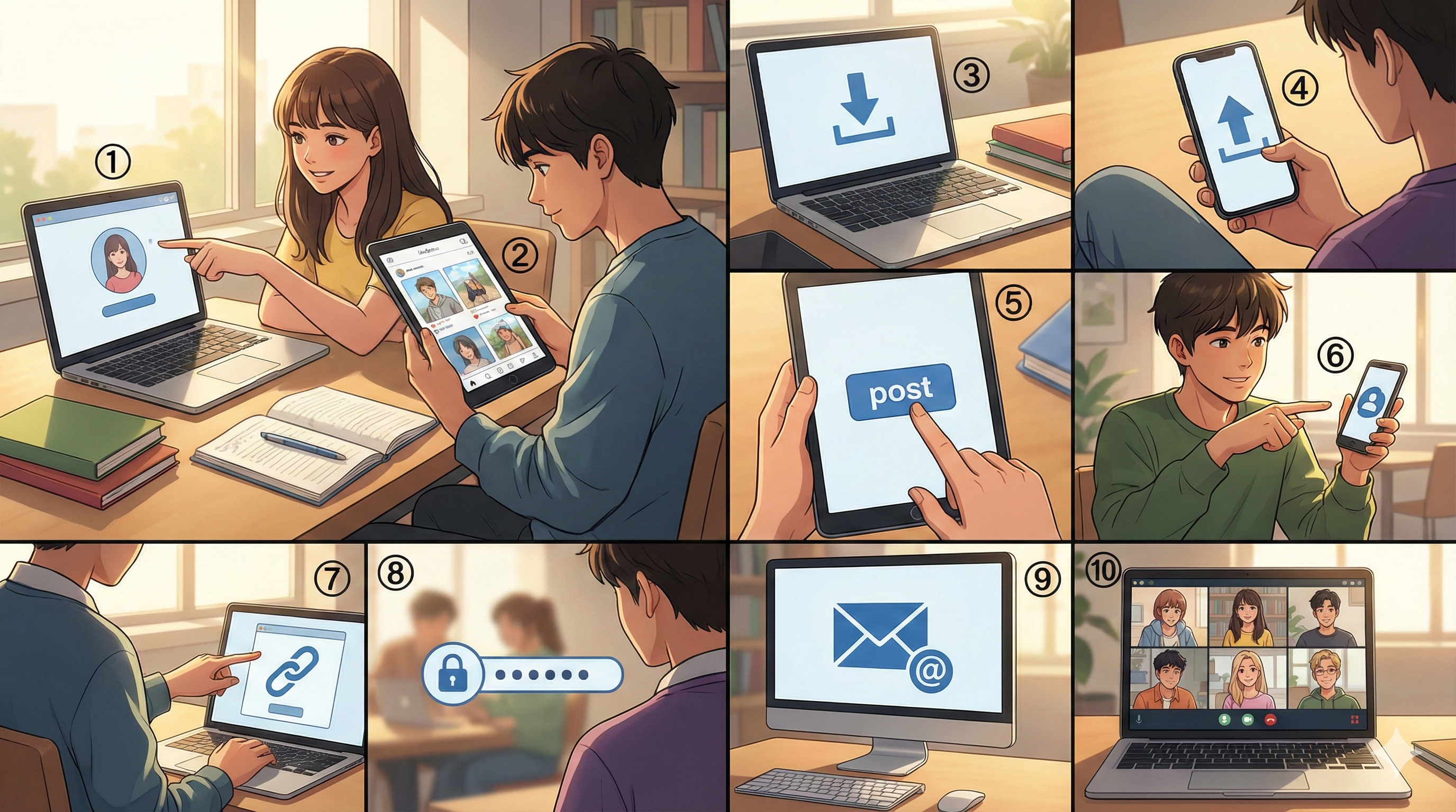 Tecnología — 번호 ①~⑩ 라벨 매핑 (Modern Anime Style)