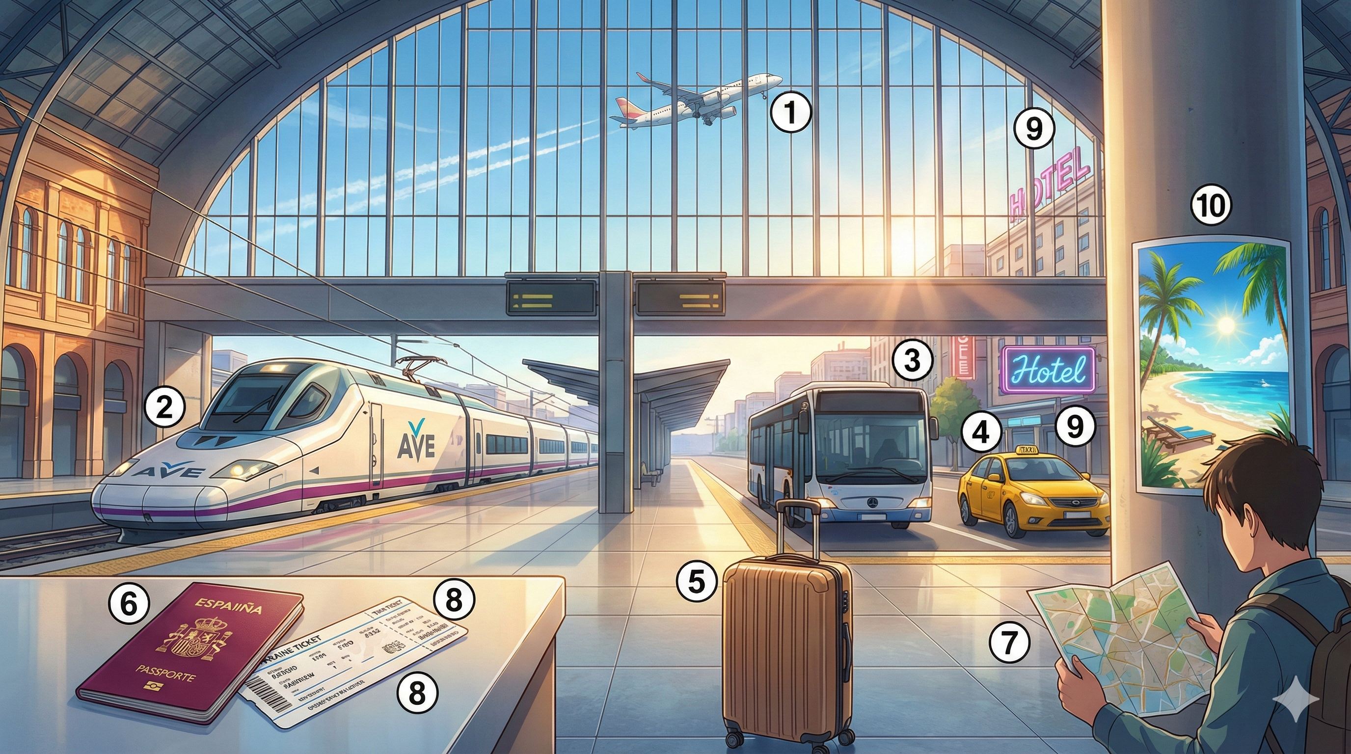 Transporte — 번호 ①~⑩ 라벨 매핑 (Modern Anime Style)