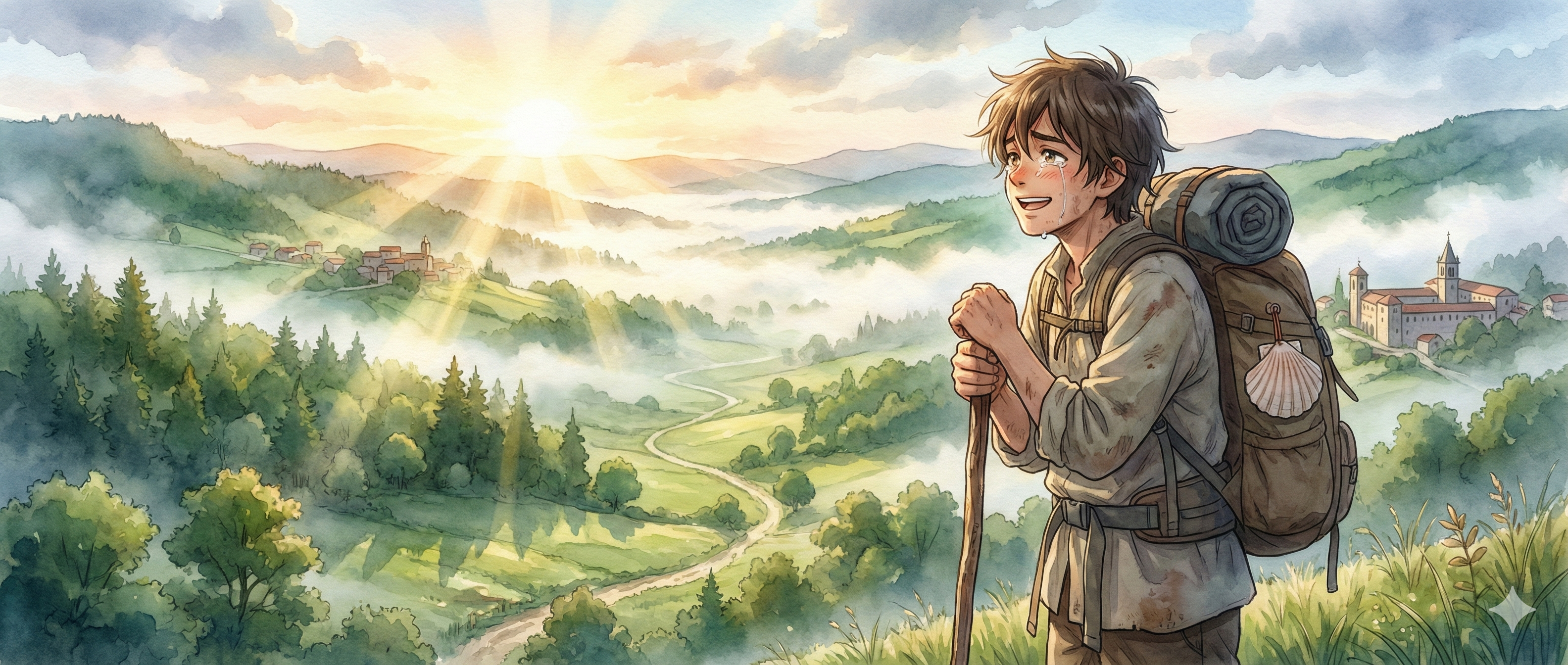 산티아고 순례길을 걷는 사람들과 갈리시아의 초록빛 풍경