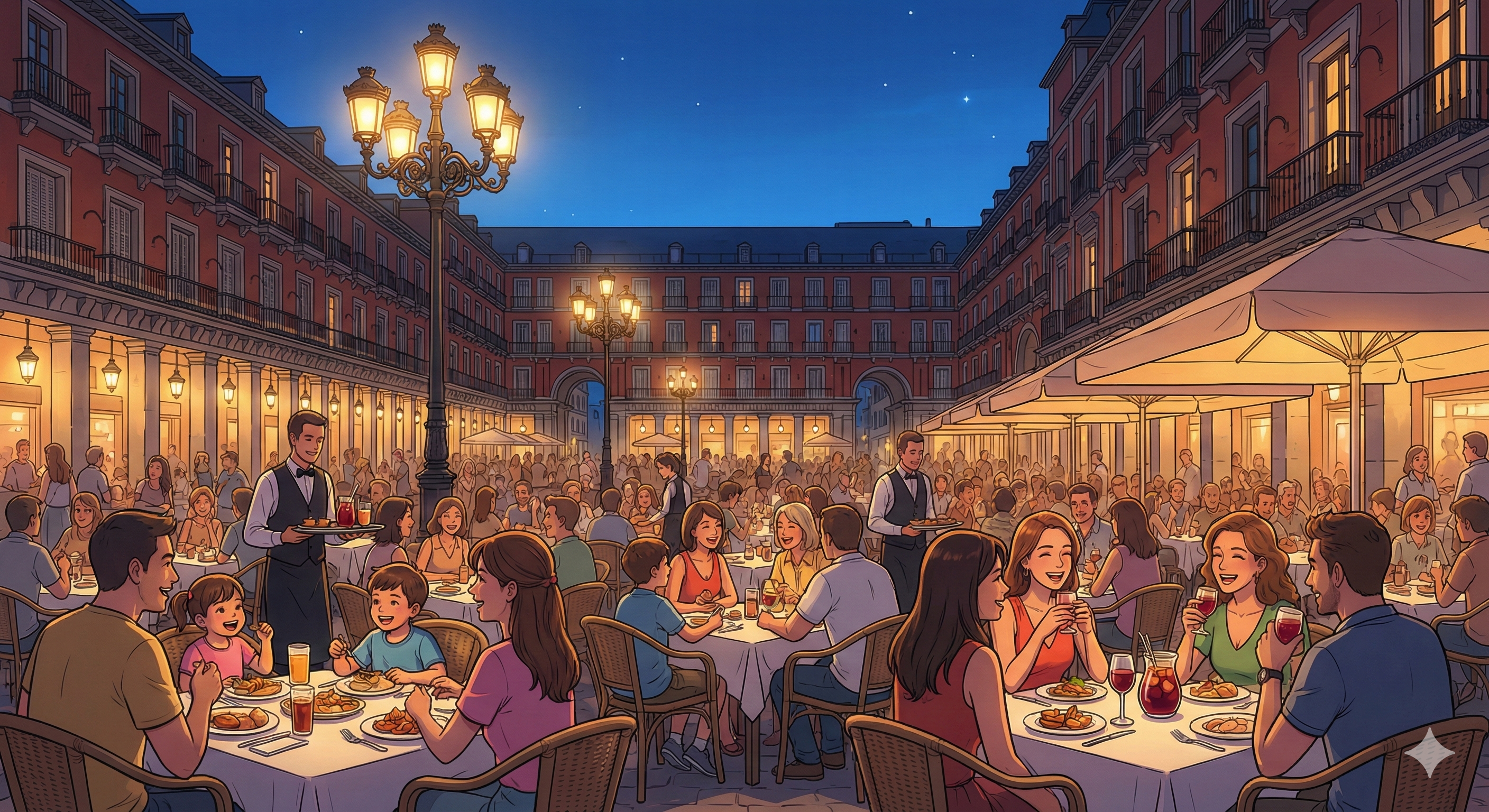 늦은 밤 스페인 시내의 활기찬 거리 풍경과 여유로운 사람들