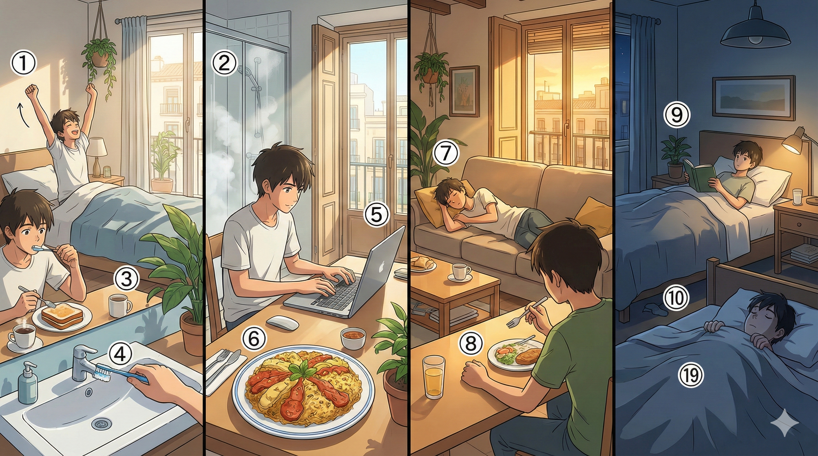 Rutina — 번호 ①~⑩ 라벨 매핑 (Modern Anime Style)