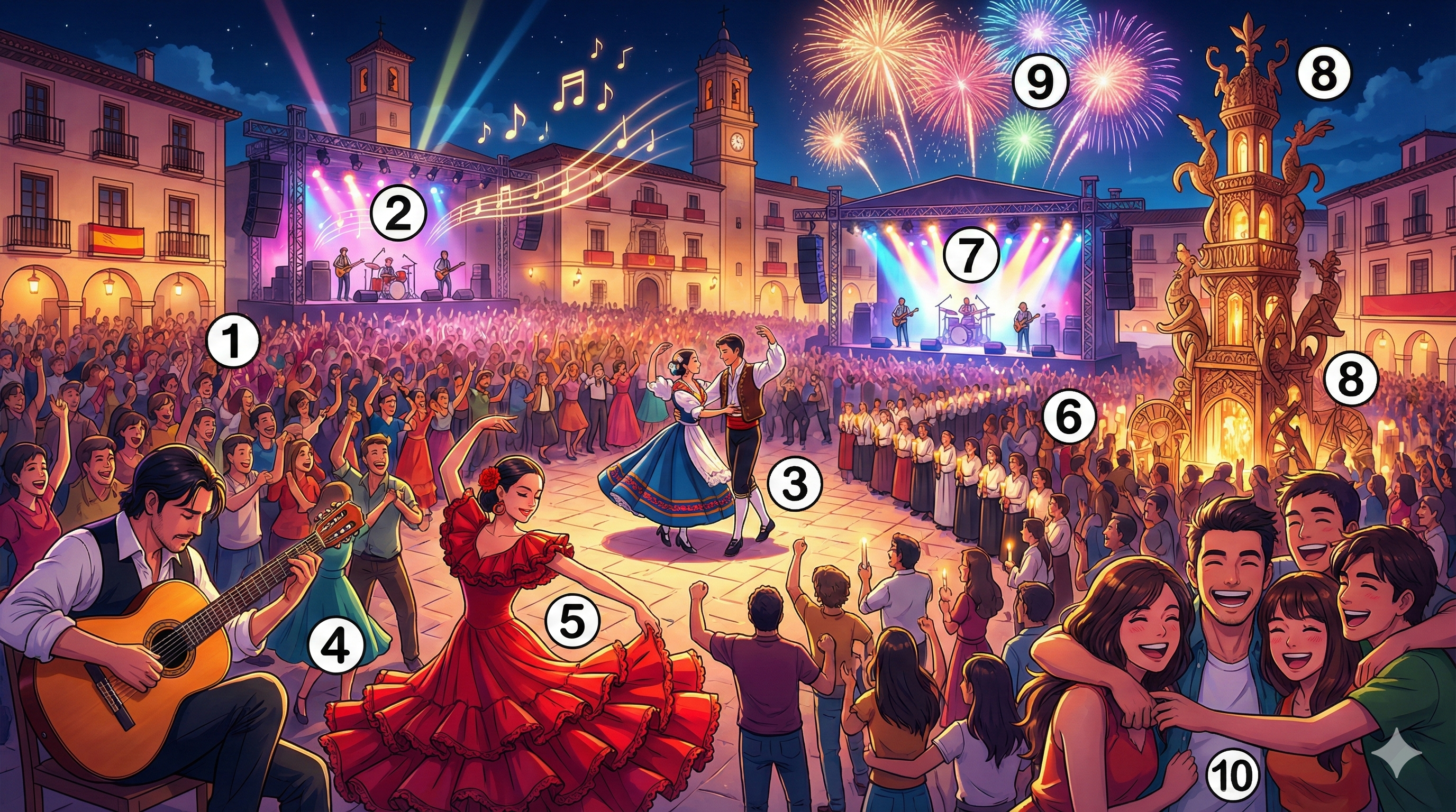 Festivales — 번호 ①~⑩ 라벨 매핑 (Modern Anime Style)